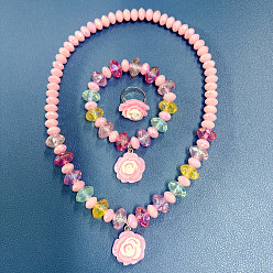 Цветок Наборы подвесок, браслетов и колец из смолы и стеклянных бусин., детский набор украшений, цветок, 390 мм, Кулон : 20 мм