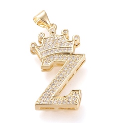 Letter Z Латунные микро проложить кубического циркония подвески, долговечный, со сменными под залог, letter.z с короной, реальный 18 k позолоченный, прозрачные, letter.z, г: 28x16x4 мм, отверстие : 3x4 мм