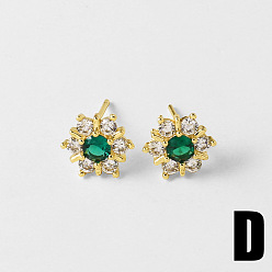 Морско-зеленый Серьги-гвоздики из латуни и кубического циркония, цветок, золотые, цвета морской волны, 11 мм