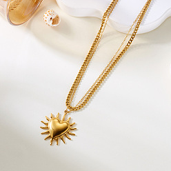 Cœur Plage d'été 304 Colliers pendentifs double couche en acier inoxydable pour femmes, or, cœur, 15.75 pouce (40 cm), pendentif: 40x36 mm