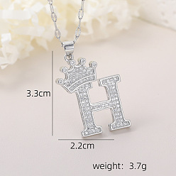 Letter H Хип-хоп латунные микропаве кубические цирконии корона инициал подвеска ожерелья, 304 ожерелья из нержавеющей стали с цепочкой для женщин, платина, Письмо ч, 15.75 дюйм (40 см)