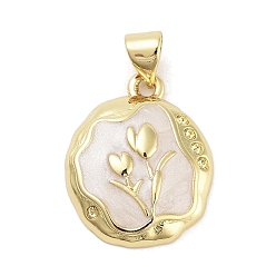 Белый Подвески из латуни с эмалью в стойку, долговечный, без кадмия и без свинца, реальный 18 k позолоченный, овал с подвеской в виде тюльпана, белые, 20.2x16x4 мм, отверстие : 5x3.5 мм