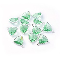 Светло-зеленый Стеклянные подвески, с фурнитурой Berzel с открытой спиной из экологически чистого сплава, граненые, треугольные, серебряный цвет гальваническим, светло-зеленый, 17x14.5x7 мм, отверстие : 1.2 мм