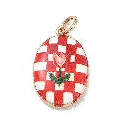 Cerise Printed Brass Pendants, Oval with Tartan & Tulip Charms, Golden, Cerise, 22.5~23x14.5x3~4mm, Hole: 4mm