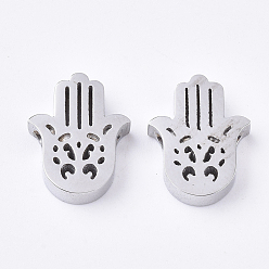 Couleur Acier Inoxydable Résistant au ternissement 304 billes en acier inoxydable, hamsa main / main de fatima / main de miriam, couleur inox, 14.5x11.5x3mm, Trou: 1.8mm