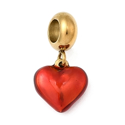 Золотой 304 европейские подвесные подвески из нержавеющей стали с эмалью, подвески с красным сердцем и большим отверстием, ионное покрытие (ip), золотые, 20 мм, отверстие : 4.5 мм