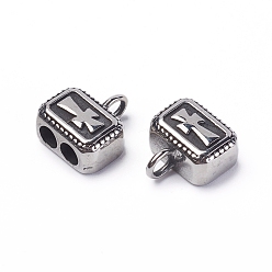 Antique Silver 304 Stainless Steel Cord End, For Leather Cord Bracelets Making, Rectangle with Cross, Antique Silver, 15x13.5x7mm, Hole: 3.5mm, Inner Diameter: 4mm