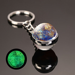 Peru Luminous Glass Pendant Keychain, with Alloy Key Rings, Glow In The Dark, Round with Galaxy, Peru, 8cm