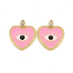 Pink Стойки обшивки латунь кубического циркония подвески, с эмалью, реальный 18 k позолоченный, без свинца и без кадмия, сердце, розовые, 23.5x20.5x4.5 мм, отверстие : 2.2x3.6 мм