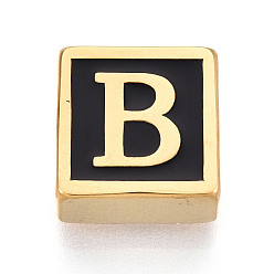Letter B 304 Квадратные распорные планки из нержавеющей стали с черным эмалевым покрытием, 2-луночное, ионное покрытие (ip), реальный 18 k позолоченный, В письме, 12x12x6 мм, отверстие : 4.5 мм