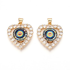 Легкий Лосось Латунные подвески с микропаве из прозрачных кубических цирконий для женщин, Сердце с глаз, cmолой, реальный 18 k позолоченный, светлый померанцевый, 25~25.5x22.5~23x7 мм, отверстие : 3.5x4.5~5 мм