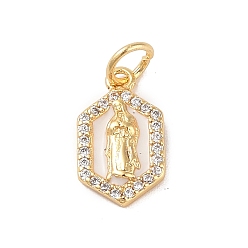 Polygon Латунные микропаве прозрачные подвески с фианитом, без кадмия, без никеля и без свинца, с эмалью и кольцом для прыжков, реальный 18 k позолоченный, многоугольник, 14x8x2 мм, отверстие : 3 мм