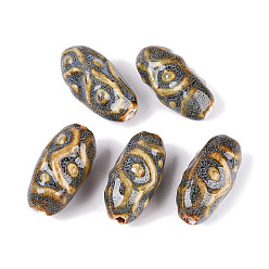 Slate Gray Vintage Handmade Porcelain Beads, Fancy Antique Glazed Porcelain, Oval with Ethnic Pattern, Slate Gray, 35~37x17~19mm, Hole: 3~3.5mm