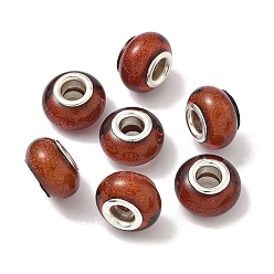 Седло Коричневый Бусины из смолы европейского стиля с большим отверстием , с серебряного цвета латуни двойные сердечники, рондель, седло коричневый, 14x9 мм, отверстие : 5 мм
