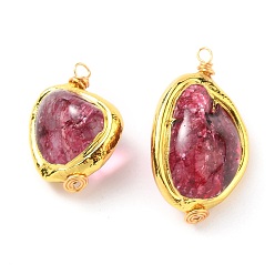 Cerise Nuggets Dyed Natural Quartz Crystal Pendants, Edge Golden Plated, with Real 18K Gold Plated Eco-Friendly Copper Wire, Cerise, 20~28x17~19x11~16mm, Hole: 1.8mm
