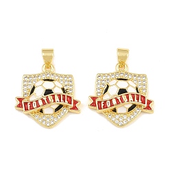 Rouge Pendentifs en laiton zircon cubique transparent, avec l'émail, bouclier orné de breloques de football, réel 18 k plaqué or, rouge, 20.5x19.5x6mm, Trou: 4x3.5mm