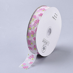 White Flower Pattern Printed Polyester Organza Ribbons, White, 1 inch(25mm), about 100yards/roll