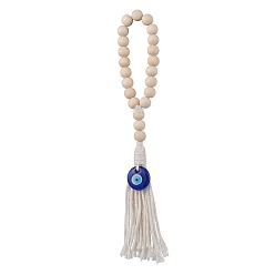 Белый Ручная работа лэмпворк турецкий синий сглаз подвеска украшения, деревянные бусины и кисточки из джутового шнура для ручек дверей дома, автомобильные подвесные украшения, белые, 255x25x13 мм