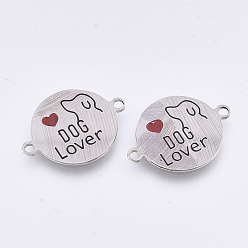 Нержавеющая Сталь Цвет 304 соединительные звенья нержавеющие, с эмалью, люблю любимую тему, плоский раунд со словом любитель собак, цвет нержавеющей стали, 21x15.5x0.7 мм, отверстие : 1.4 мм