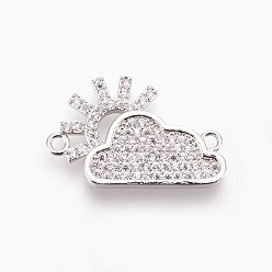 Platinum Brass Micro Pave Cubic Zirconia Links, Lead Free & Cadmium Free & Nickel Free, Long-Lasting Plated, Cloud with Sun, Clear, Platinum, 14x21x2mm, Hole: 1mm