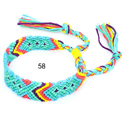 Cyan Cotton Braided Rhombus Pattern Cord Bracelet, Ethnic Tribal Adjustable Brazilian Bracelet for Women, Cyan, 5-7/8~14-1/8 inch(15~36cm)