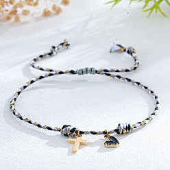 Черный Латунь шарм браслеты, плетеные браслеты из синтетического шнура для женщин, крест и сердце, чёрные, 7-7/8 дюйм (20 см), внутренний диаметр: 11 дюйм (28 см)