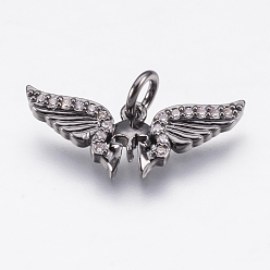 Gunmetal Brass Micro Pave Cubic Zirconia Pendant, Wing, Clear, Gunmetal, 9x21x2mm, Hole: 2mm