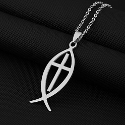 Нержавеющая Сталь Цвет 201 ожерелье из нержавеющей стали с подвеской в виде рыбы-иисуса и креста, не тускнеет, цвет нержавеющей стали, 19.69 дюйм (50 см)