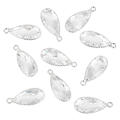 Silver 10Pcs Brass Clear Glass Pendants, Faceted, Teardrop, Silver, 24x10.5x5mm, Hole: 2mm