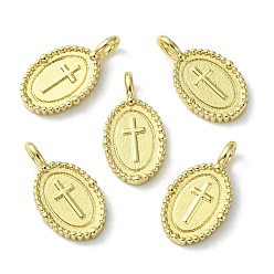 Real 18K Gold Plated Rack Plating Brass Pendants,  Long-Lasting Plated, Lead Free & Cadmium Free, Oval with Cross Charm, Real 18K Gold Plated, 15x8.5x2mm, Hole: 1.8x2.5mm