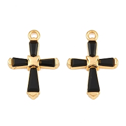 Black 304 Stainless Steel & Glass Pendants, Cross Charm, Faceted, Real 18K Gold Plated, Ion Plating(IP), Long-Lasting Plated, Black, 24x17x3.5mm, Hole: 2mm