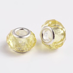 Yellow Handmade Glass European Beads, Large Hole Beads, Silver Color Brass Core, Yellow, 14x8mm, Hole: 5mm