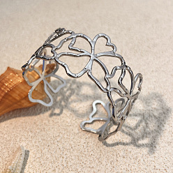 Нержавеющая Сталь Цвет Полые 304 браслеты-манжеты из нержавеющей стали для женщин, цветок, цвет нержавеющей стали, внутренний диаметр: 2-1/2x2-1/4 дюйм(6.4x5.7см) дюйм