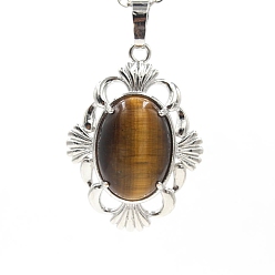 Тигровый глаз Природных тигровый глаз подвески, подвески-цветы из латуни платинового тона, 34x25x9 мм