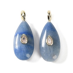 Blue Aventurine Natural Blue Aventurine Pendants, Teardrop Charms with Brass Micro Pave Cubic Zirconia Findings, Golden, Dyed & Heated, 38.5x15.5x9mm, Hole: 3.5mm