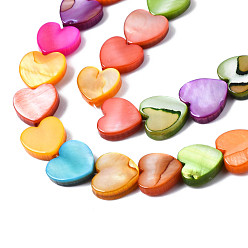 Mixed Color Natural Freshwater Shell Beads Strands, Dyed, Heart, Mixed Color, 9~10x10x2~3mm, Hole: 0.8mm, about 44pcs/strand, 15.75 inch(40cm)