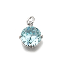 Бледно-бирюзовый Плоская круглая латунь со стеклянными подвесками, одиночные каменные прелести, без кадмия и без свинца, долговечный, стойки покрытие, платина, бледные бирюзовая, 11x9.5x4.5 мм, отверстие : 2 мм