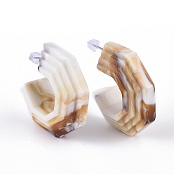 White Acrylic Stud Earrings, Half Hoop Earrings, with 304 Stainless Steel Stud Earring Findings and Plastic Ear Nuts, White, 37x36x13.5~14mm, Pin: 0.7mm