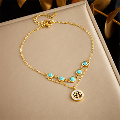 Tree of Life 304 двухслойные браслеты на ногу из нержавеющей стали с синтетической бирюзой и кристаллами из горного хрусталя для женщин, золотые, древо жизни, 8-1/4 дюйм (210 мм)