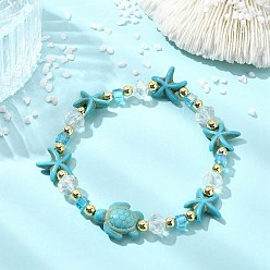 Turquoise Foncé Bracelets extensibles pour femmes, composés de perles de verre, de turquoise synthétique teintée et d'hématite synthétique non magnétique, tortue et étoile de mer, turquoise foncé, diamètre intérieur: 2.24 pouce (5.7 cm)
