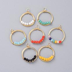 (52) Непрозрачная лаванда Стеклянные подвески, проволочные подвесные подвески, с настоящей медной проволокой 18 k с золотым покрытием, кольцо, разноцветные, 27x22x5 мм, отверстие : 2~3 мм