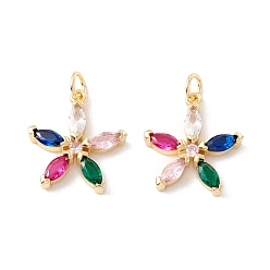 Настоящее золото 18K Реечное покрытие латунь микро паве разноцветные подвески из кубического циркония, с прыжковых колец, долговечный, без кадмия и без свинца, цветок, реальный 18 k позолоченный, 18.5x17x3.5 мм, отверстие : 3.2 мм