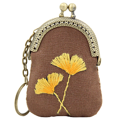 Лист Набор для вышивки кошелька с замком поцелуй своими руками, включая ткань, пяльцы, иглы и нитки, металлическая ручка кошелька, инструкция, гингко лист, 70x55 мм