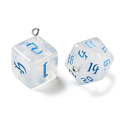 Deep Sky Blue 7Pcs 7 Styles Transparent Resin Polyhedral Dice Pendants Set, Multi-Sided Dice Charms with Platinum Plated Iron Loops, Mixed Shapes, Deep Sky Blue, 20~28x19~24x17~24mm, Hole: 2mm, 1pc/style