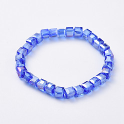 Blue Faceted Electroplate Glass Stretch Bracelets, Cube, Blue, 2-1/8 inch(5.5cm)