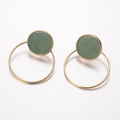 Green Aventurine Natural Green Aventurine Ear Studs, with Brass Findings, Flat Round, Golden, 40x31x1.5~3mm, Pin: 0.7mm