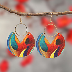 Разноцветный Серьги-подвески из латуни и окрашенного распылением дерева в богемном стиле, плоско-круглые, красочный, 71x45 мм