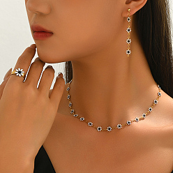 Белый Женские наборы сережек-гвоздиков, ожерелий и колец из нержавеющей стали с эмалью, цветок, золотые, белые, ожерелья: 16.14 дюйм (41 см)