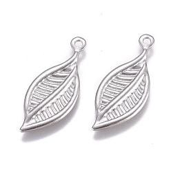 Stainless Steel Color Tarnish Resistant 304 Stainless Steel Pendants, Leaf, Stainless Steel Color, 19x8x0.6mm, Hole: 1mm
