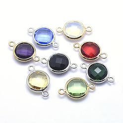Mixed Color Brass Links connectors, with Faceted Glass, Flat Round, Lead Free & Cadmium Free, Mixed Color, 14x9x3.5mm, Hole: 1mm